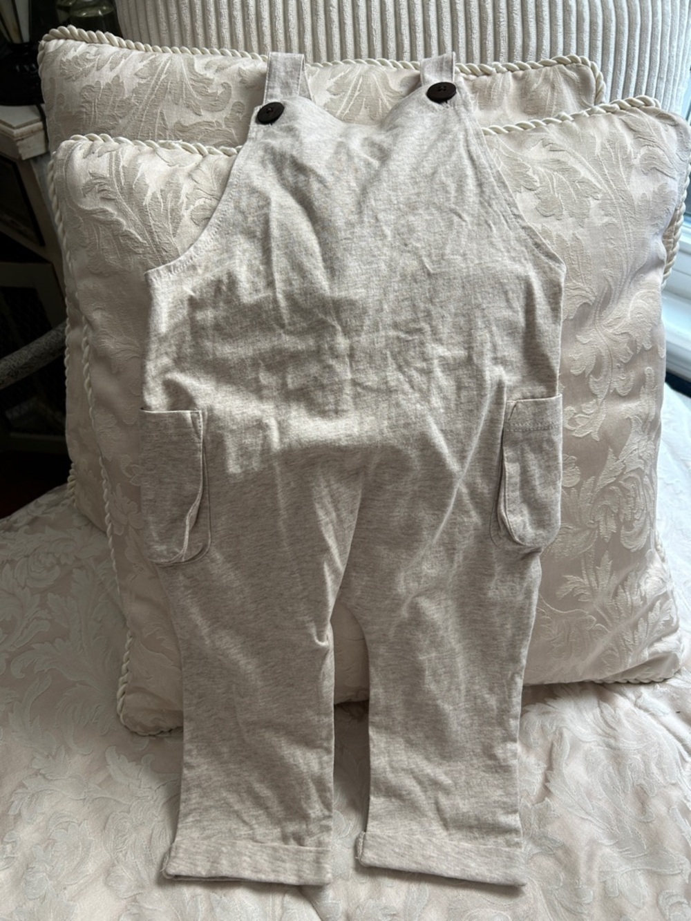 Milkbarn Oatmeal Color Cotton Overalls with Pockets. 6-12 months.